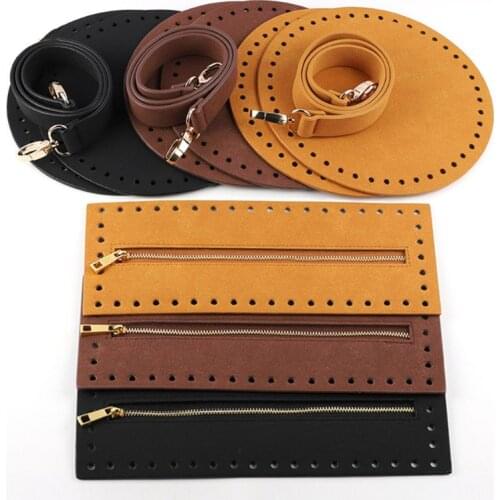 4Pce/Set Bag Bottom Shaper Base Round Faux Leather Purse Inserts Strap Zipper for DIY Sewing Crochet Shoulder Handbag