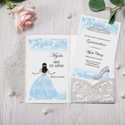 50pcs Silver Color laser cut flor Pocket Invitations Greeting Cards with Envelope Customized Party,CW0008W
