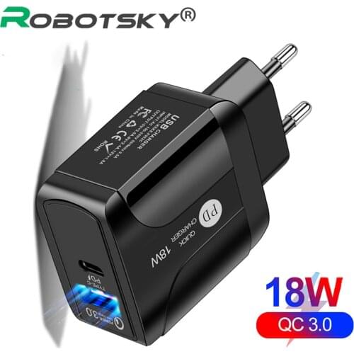 Robotsky US/EU/UK USB Type C Mobile Phone Charger Adapter 18W Quick Charging QC3.0 PD Charger Plug For Samsung Xiaomi Huawei