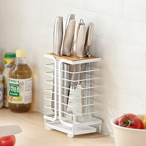 Household Knife Holder with Drain Tray Professional Wrought Iron Countertop Hollow Storage Rack Organizer Kitchen Tools