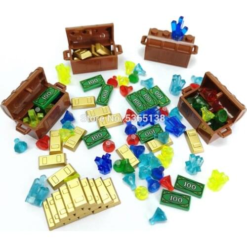 City Accessories Money Treasure Chest Set Block Brick Building Toy Bill Dollar Diamonds Ore Coin Plating Gold Bars Gem Jewls