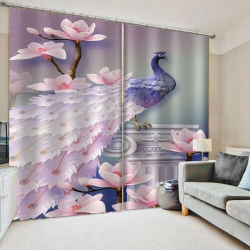 Peacock Bird Curtains Blackout Blooming Flower Window Treatments Curtain Pink Luxury Curtain Fabric Indoor Decor 1pc