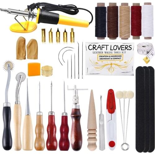 KAOBUY 34Pcs Leather Crafting Tools And Supplies With Burning Tool, Waxed Thread Cord, Leather Sewing Needles, Leather Stitching