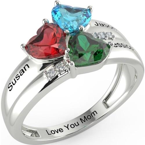 925 Sterling Silver Personalized Mothers Rings with 3 Heart Birthstones for Grandmother Mothers Day Gifts Anniversary Rings