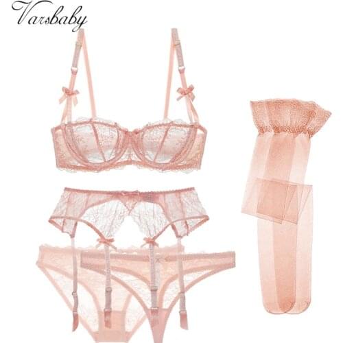 Varsbaby sexy lace 5 pcs bras+garters+panties+thongs+stockings underwear black/pink /white bra set