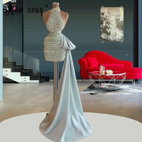 Halter Sequins Beading Short Evening Dress Sparkly Sexy African Cocktail Dress for Party 2021 Mini Prom Gown with Train Custom
