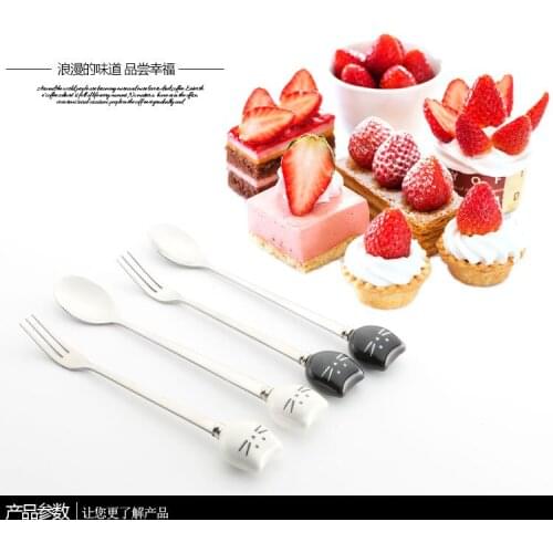 Cartoon Cute Creative Ceramic Black and White Cat Stainless Steel Fruit Small Fork Coffee Milk Tea Stir Small Spoon Fork