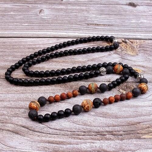 Handmade Mens Black Lava Stones with Tibetan Dzi Stripe Green carnelian Beads Long Necklace Fashion Jewelry