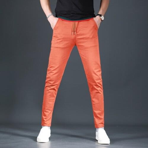 2021 New Casual Orange Red Pants Men Summer Cotton Slim Fit Trousers