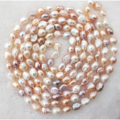 Natural White Pink Purple 8-10mm Baroque oval freshwater pearl 60" Long sweater chain necklace