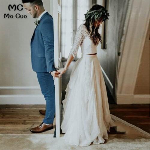 New Arrival 2 Pieces Wedding Dresses Long with 3 4 Long Sleeves Lace Button Back Chiffon Top Beach Bridal Gown In Stock