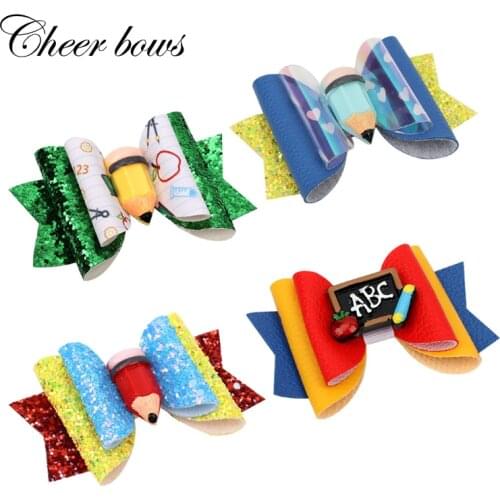 Cheer Bows 2 Pcs/lots 3" Glitter Pencil Hair Bows For Girls Kids Apple Back To School Hair Clips Hairpins Hair Accessories