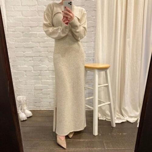 Autumn O Neck Long Sleeve Pullovers Sweater Knitted Shawl Top Slim Sexy Split Bodycon Sling Dress Ankle Length Long Fashion Sets