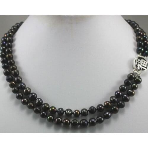 Womens fashion design 2-row 6-7mm black natural freshwater pearl button necklace