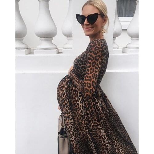 Maternity Dresses Long Sleeve High Neck Leopard Print Ruffled 2021 Spring Pregnant Dress Elegant Together Maternity Clothes