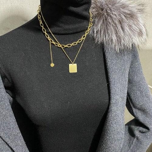 TIMEONLY Luxury Double Layered Square Metal Coin Pendant Necklace Titanium Steel Hip Hop Chunky Charms Necklaces for Women Girl