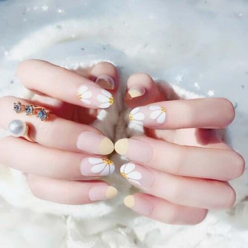 Clear Color With White Daisy Printing Artificial Fashion Round Head French Nails Art Design DIY Full Cover False Nails With Glue