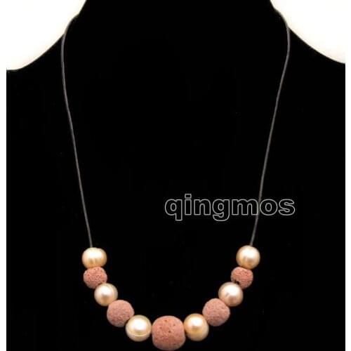 SALE Big 10-11mm pink Potato Natural Freshwater Pearl with Purple Lava rock Necklace 18" with Genuine Leather-5909