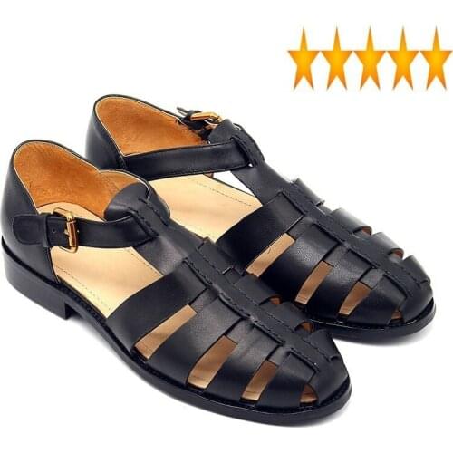 Men Gladiator Genuine 2021 Leather Handmade Vintage Solid Black Street Summer Shoes British Buckle Flat Sandals