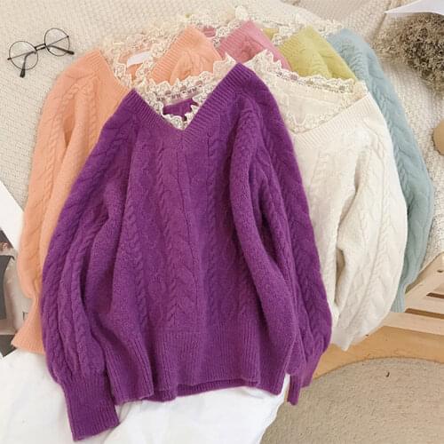 Autumn Winter Women Fashion Korean Chic V-Neck Lace Ruffles Knitted Sweaters Lady Sweet Solid Outwear Tops Ropa Mujers Pullover