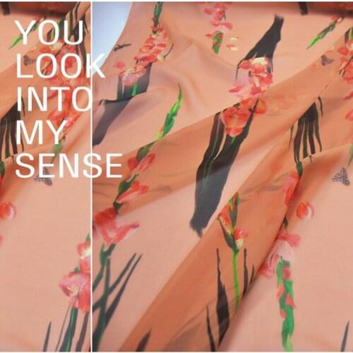 Silk Georgette Chiffon Fabric Dress Orange Large Wide Vertical Flower Clothing DIY Sewing