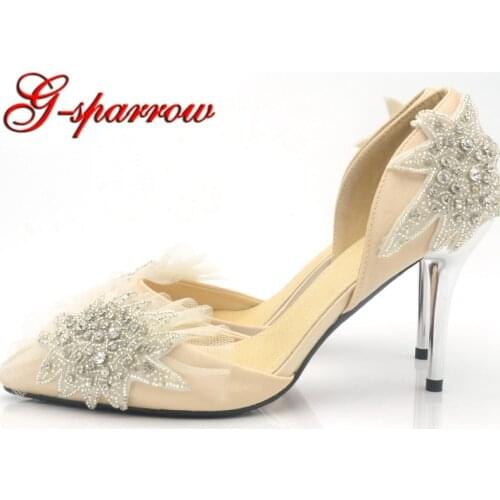 Champagne Satin Wedding Shoes Handmade Pointed Toe Starfish Crystal Party Prom Shoes Women Pumps Mother of the Bride Shoes