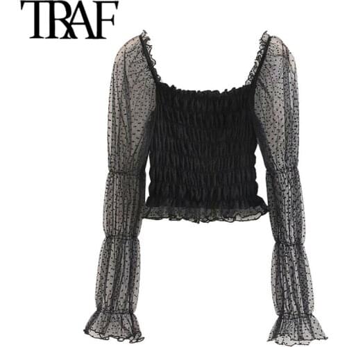 TRAF Women Sexy Fashion Smocked Elastic Ruffled Cropped Blouses Vintage See Through Long Sleeve Female Shirts Chic Tops