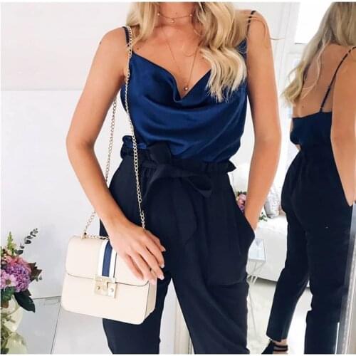Cami Top Women Sleeveless Pure color Satin Plunge V Sling Vest Fashion Sexy summer Club High Street Style Crop Camisole Size 3XL