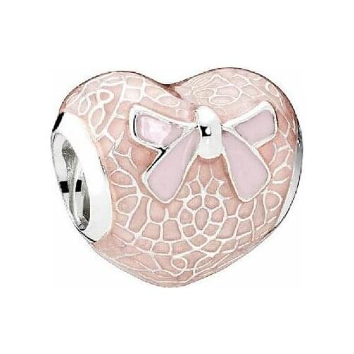 Genuine 925 Sterling Silver Charm Pink Bow & Lace Heart With Pink Enamel Beads Fit Women Pan Bracelet & Necklace Jewelry