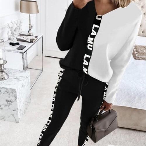 Letter Print Patchwork Tracksuit Women Two Piece Set Spring Autumn Clothes VNeck Long Sleeve Pullover Top and Pants Suit Outfits