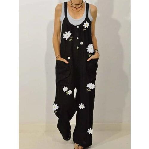 Autumn Women Loose Overalls Floral Print Sleeveless U-shaped Collar Jumpsuit with Pockets Ladies Casual Long Suspender Pants