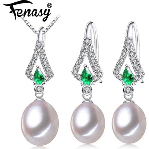 FENASY 925 Sterling Silver Jewelry Sets Bohemian Emerald Green Cubic Zirconia Pendant Necklaces Natural Pearl Earrings For Women
