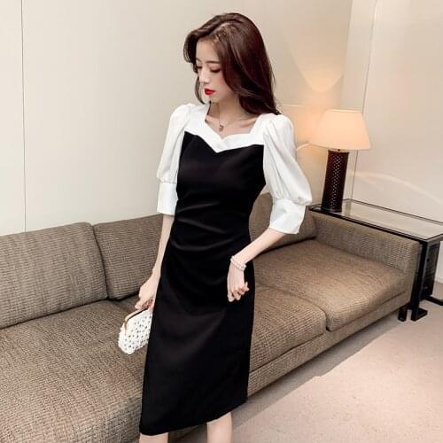 Summer Square Collar Midi Dress Temperament Goddess Slim French Foreign Sukienki Na Wesele Damskie Vestidos Verano 2021 Mujer