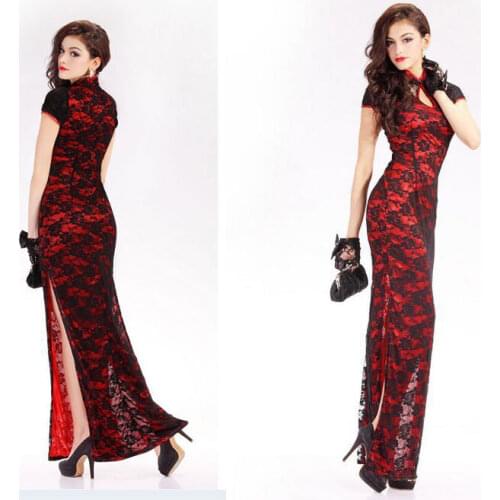 2017 summer Fashion chinese traditional dress design long cheongsam short sleeves Sexy Split Cheongsam Lace evening dresses