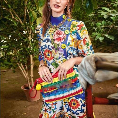 2021 spring summer women Sicily pant sets quality runway blouse + printed pant 2 pieces sets xxl women