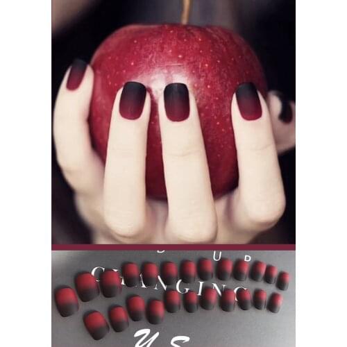 24pcs Red Matte Glitter Pink False Nail 2020 Design Short Fake Nail Wine Red Frosted Press On Nails Love Pattern Nail Art Beauty