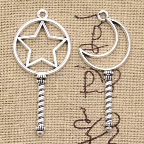 5pcs Charms Moon Star Magic Turned Stick 53x23mm Antique Making Pendant fit,Vintage Tibetan Silver color,DIY Handmade Jewelry