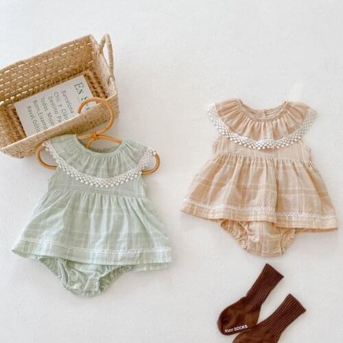 Lace Ruffle Cotton Bodysuit For Newborns Plaid Hollow Sleeveless Baby Bodysuit Toddler Rompers Playsuits Baby Wear 0-3 Years