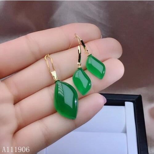 KJJEAXCMY boutique jewelry 18K gold inlaid natural green chalcedony gemstone female ring earrings set support detection