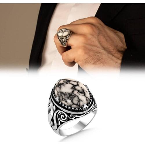 White Buffalo Gemstone Ring 925 Sterling Silver Ring White Turquoise Gemstone Ring Made in Turkey Men For Gifts