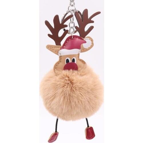 Creative Christmas Reindeer Hairball Keychains for Women Gift Claus Hair Ball Key Cute Trinket Pendant Navidad Xmas Noel
