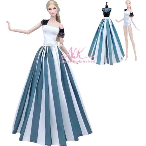 NK 1 Set Doll Noble Blue White Vertical Striped Two-piece Long Skirt Fashion Party Dress For Barbie Accessories Doll Girl Toy 8X