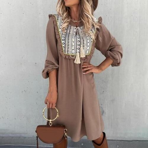 Summer Sexy Tassel Tie-Up Shirt Midi Dress Women Fashion O Neck Long Sleeve Party Dress Vintage Pattern Patchwork Dress Vestidos