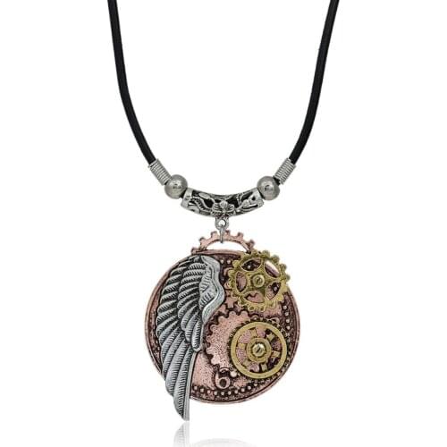 DoreenBeads New Fashion Steampunk Necklace Black Cord Chain Multicolor Round Wing Gear Pendant 58.8cm(23 1/8") long, 1 Piece