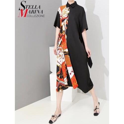 New 2021 Woman Summer Multicolor Hit Color Patchwork Shirt Dress Sashes Plus Size One Side Print Ladies Party Dresses Robe 4984