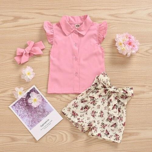 New Baby Girl Clothing Sets Summer Casual Flare Sleeve Solid Print Tops Vest With Flower Shorts Headband 3PCS Kids Outfits Set