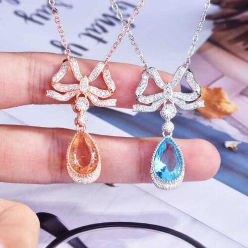 Europe America Bowknot Pendant Necklace Inlay Dazzling Water Drop Zircon Charm Geometric Jewelry Womens Wedding Engagement Gift