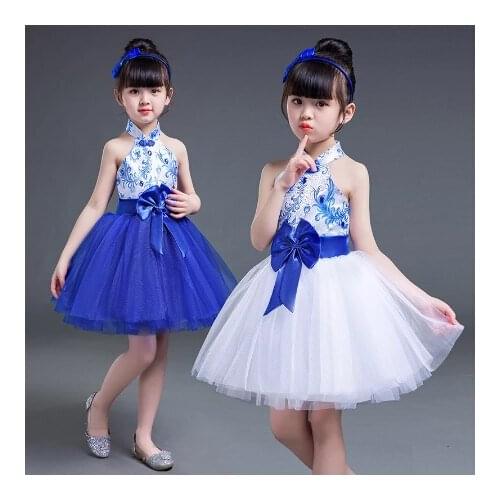 Girl jazz dance latin dance blue and white porcelain costumes childrens performance fluffy skirt girls chorus dance dress