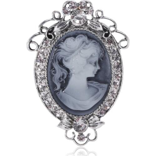 Wuli&baby Vintage 2-color Lady Figure Brooches Rhinestone Girl Face Round Badge Office Brooch Pins Gifts