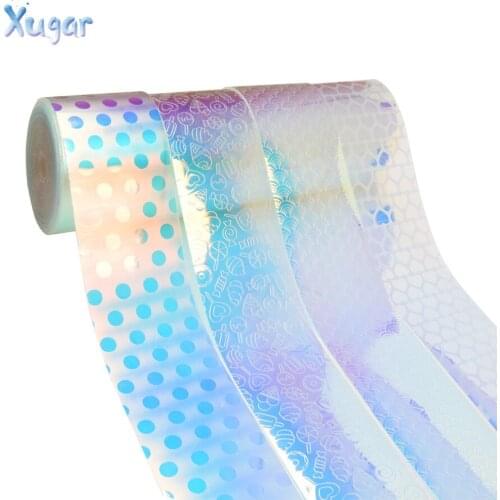 Xugar 75mm 2yards PVC Transparent Smooth Waterproof Hearts Laser Leather Ribbon DIY Hairbow Material Handmade Accessories Supply